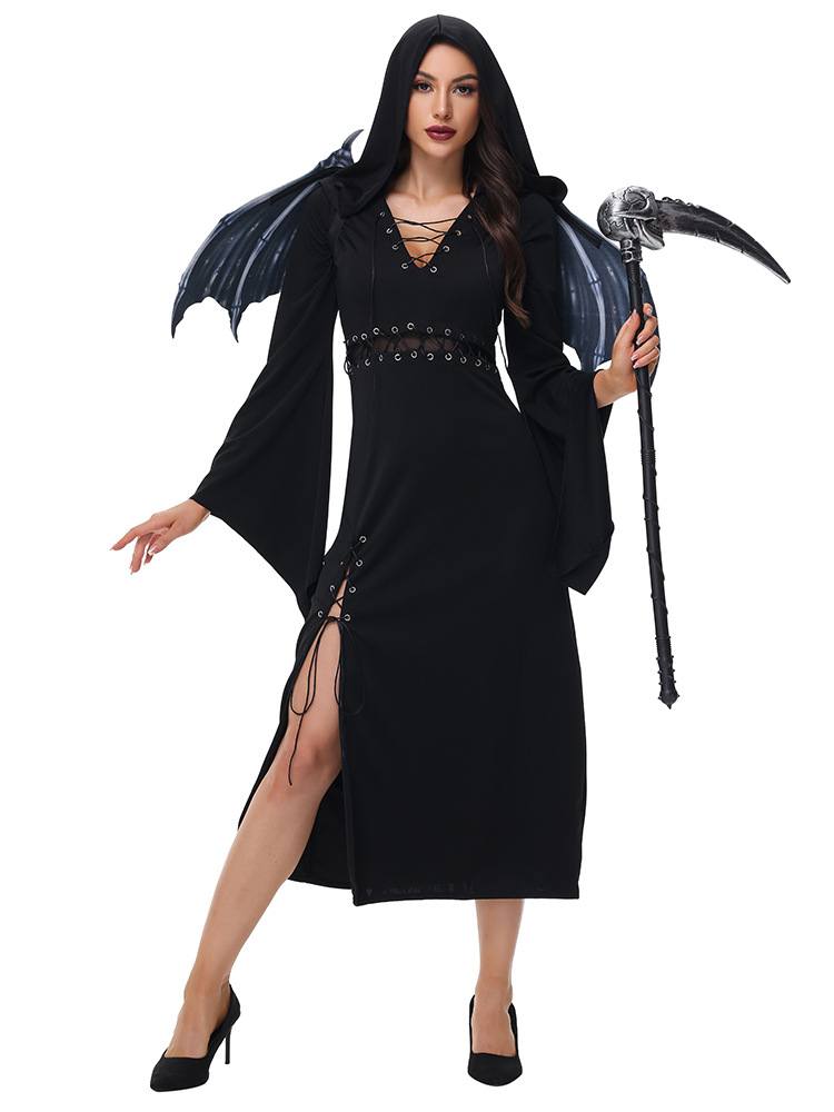 Gothic Black Hooded Long Dress - Women Witch Vampire Bride Costume
